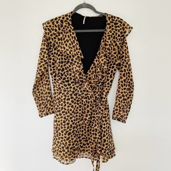 Free People Leopard Print Frenchie Mini Wrap Dress - Picture 2 of 9
